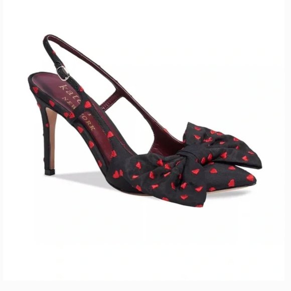 kate spade Sheela Slingback Pumps heels shoes black red heart bow size 6 nwot - Picture 1 of 13